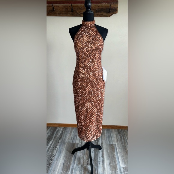 NEW Mac Duggal 5535 EMBELLISHED HALTER MIDI DRESS Copper Sz 4 - Picture 1 of 8